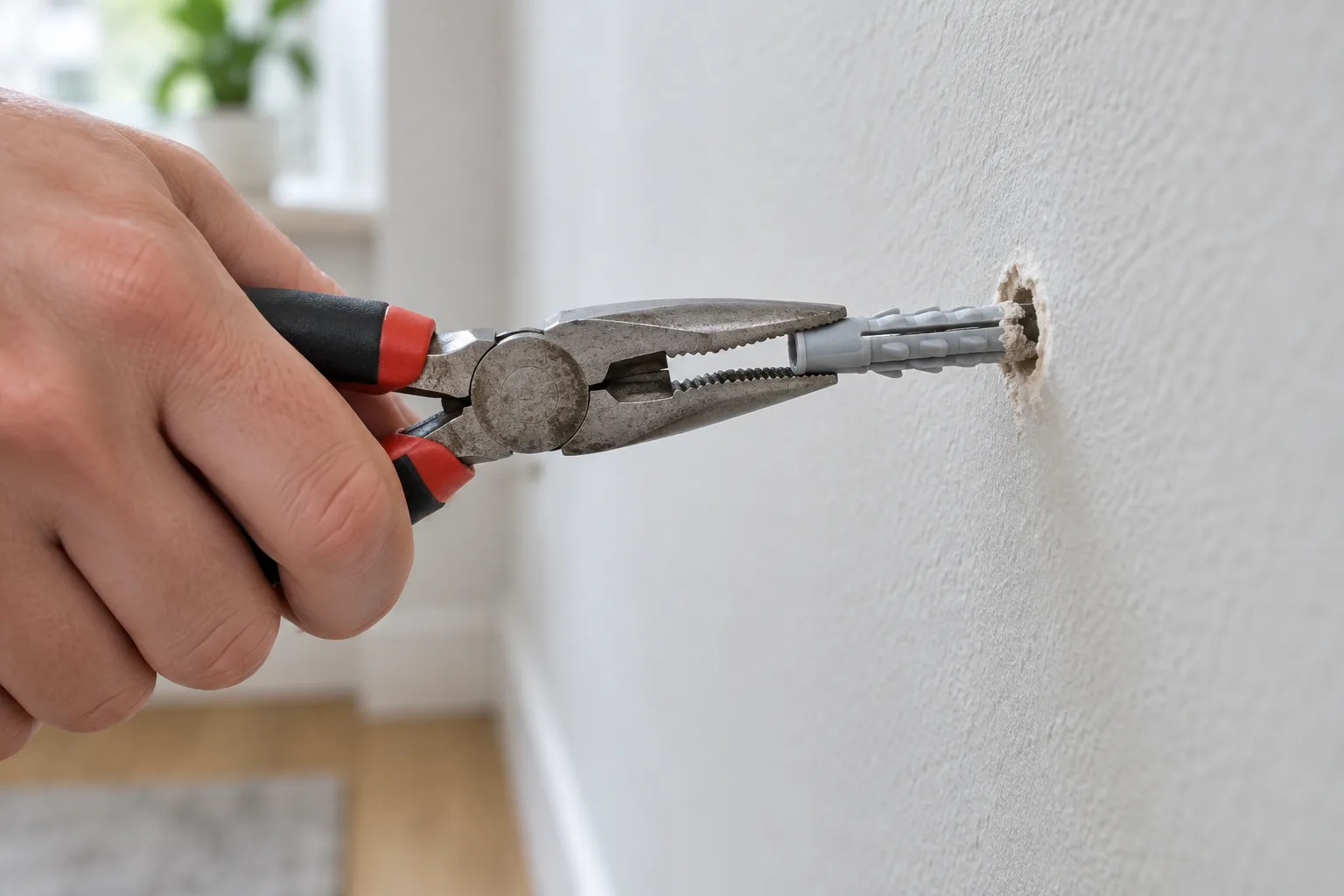 Une pince retire doucement une cheville d’un petit trou dans un mur.
