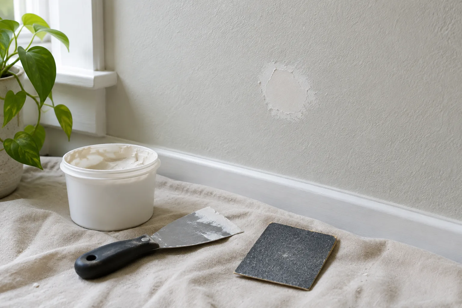 Petit trou de cheville préparé sur un mur peint, avec une spatule et du matériel de protection à proximité.