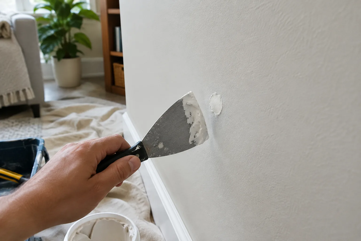 Une spatule applique de l’enduit dans un petit trou de cheville sur un mur.