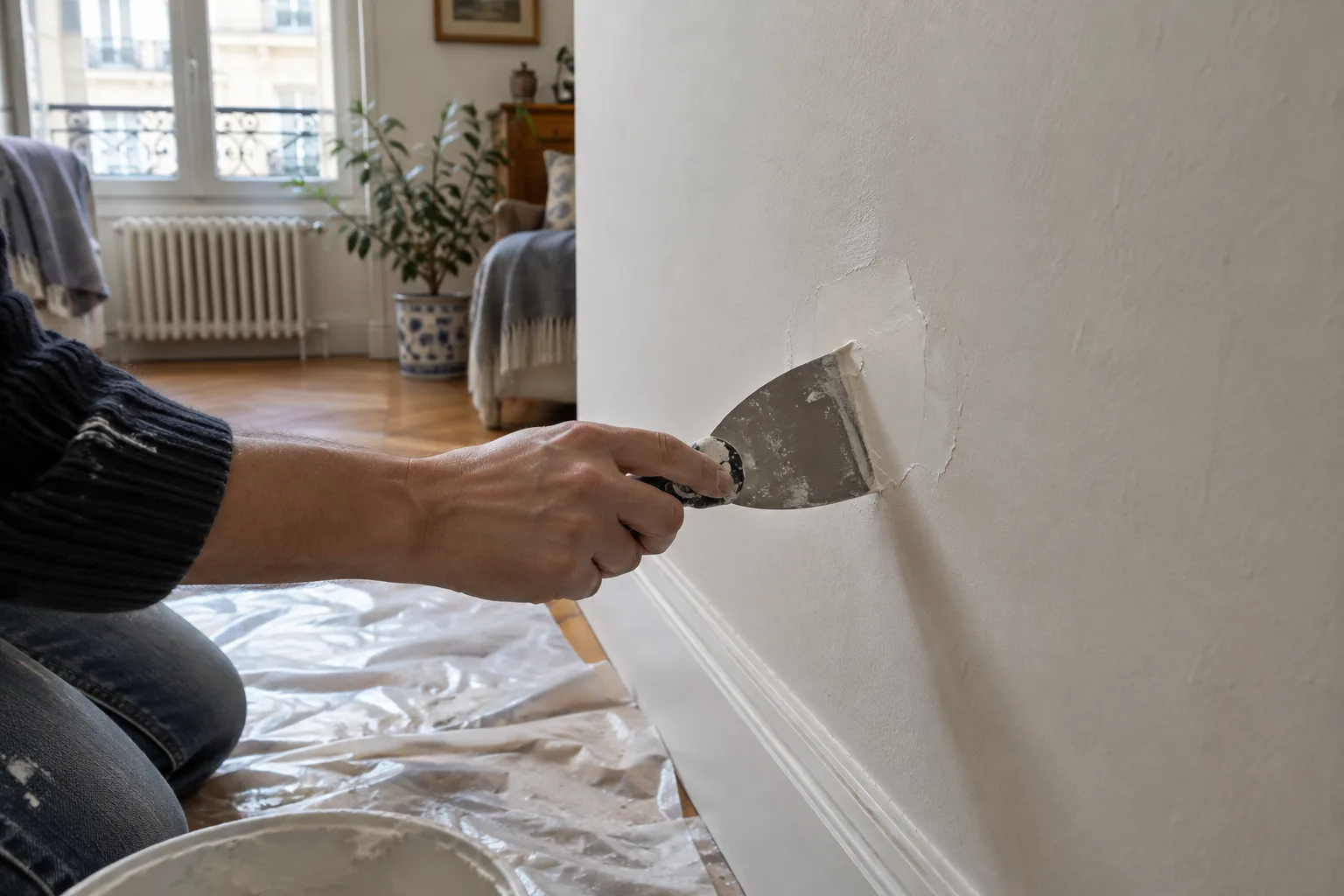 Une spatule lisse de l’enduit de rebouchage sur un petit trou dans un mur.