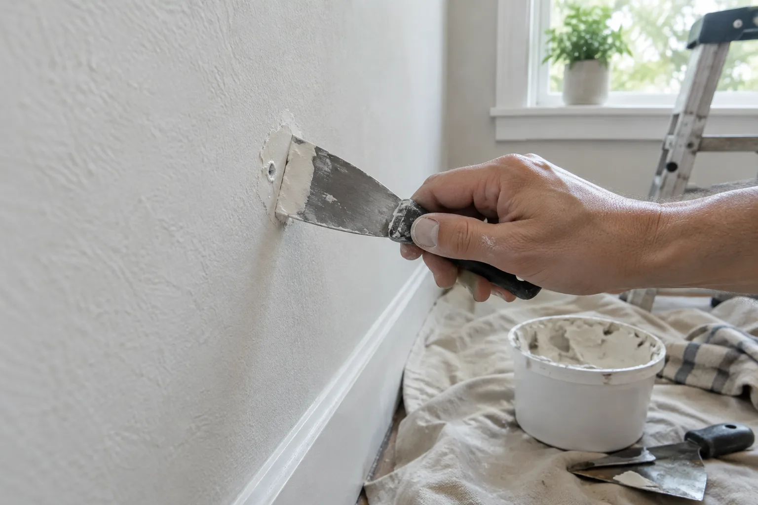 Une petite cavité dans un mur est rebouchée avec un couteau à enduire.