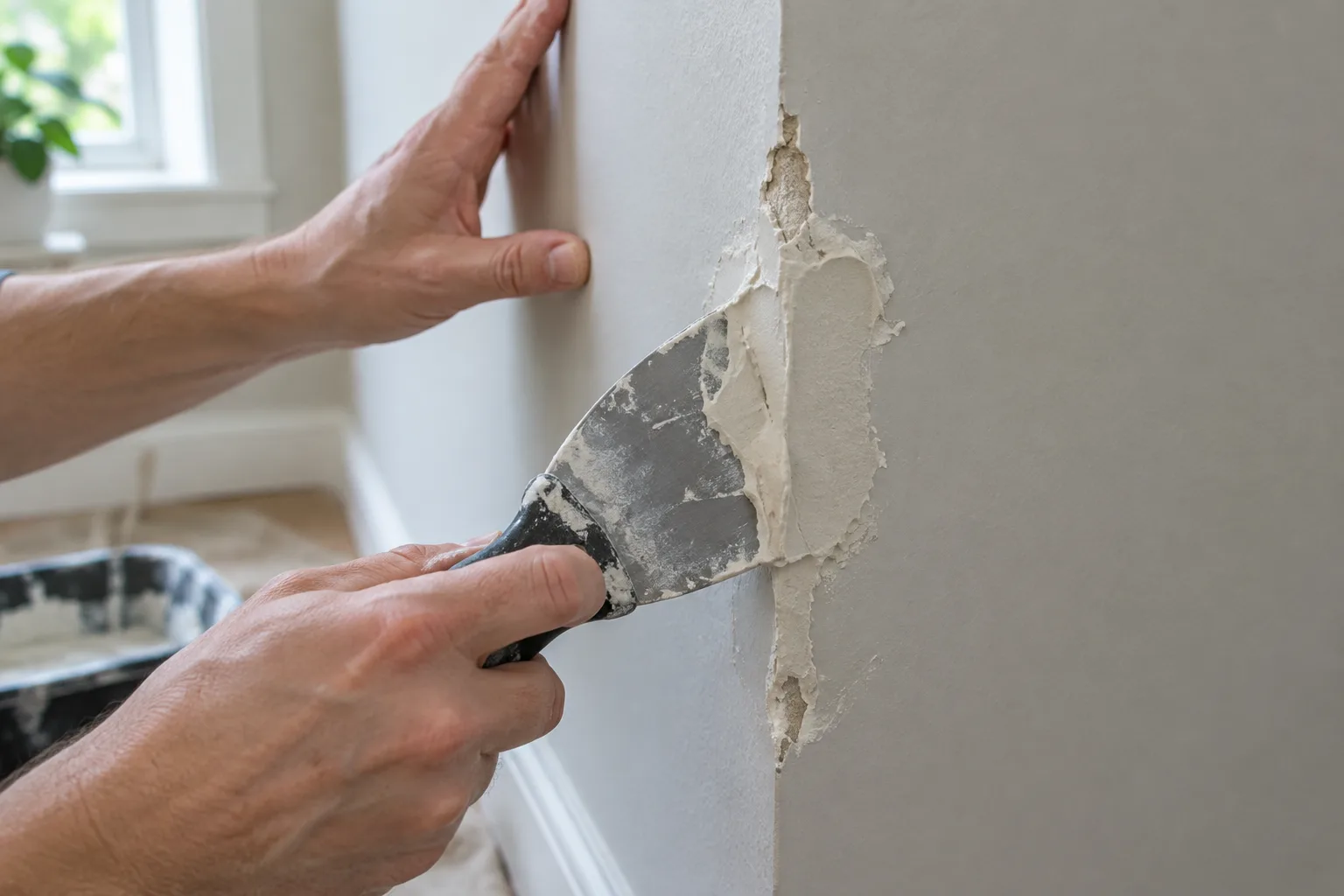 Une personne applique de l’enduit de rebouchage sur les deux faces d’un angle de mur.
