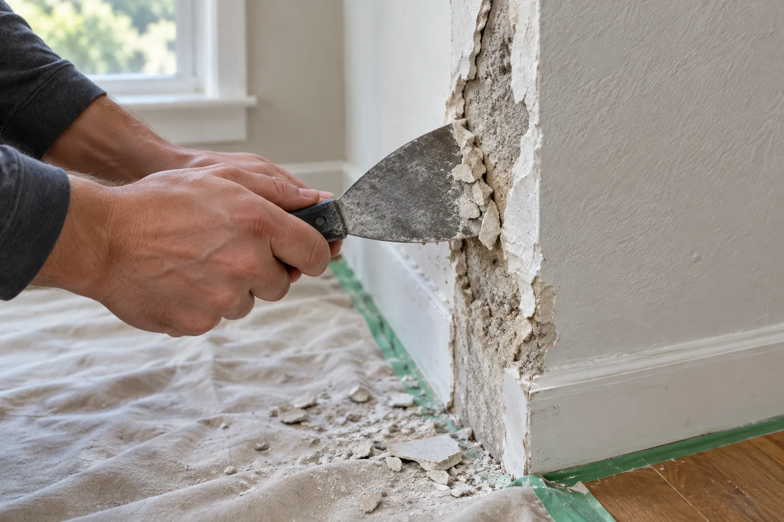Une personne retire les parties friables d’un angle de mur avant d’appliquer l’enduit.