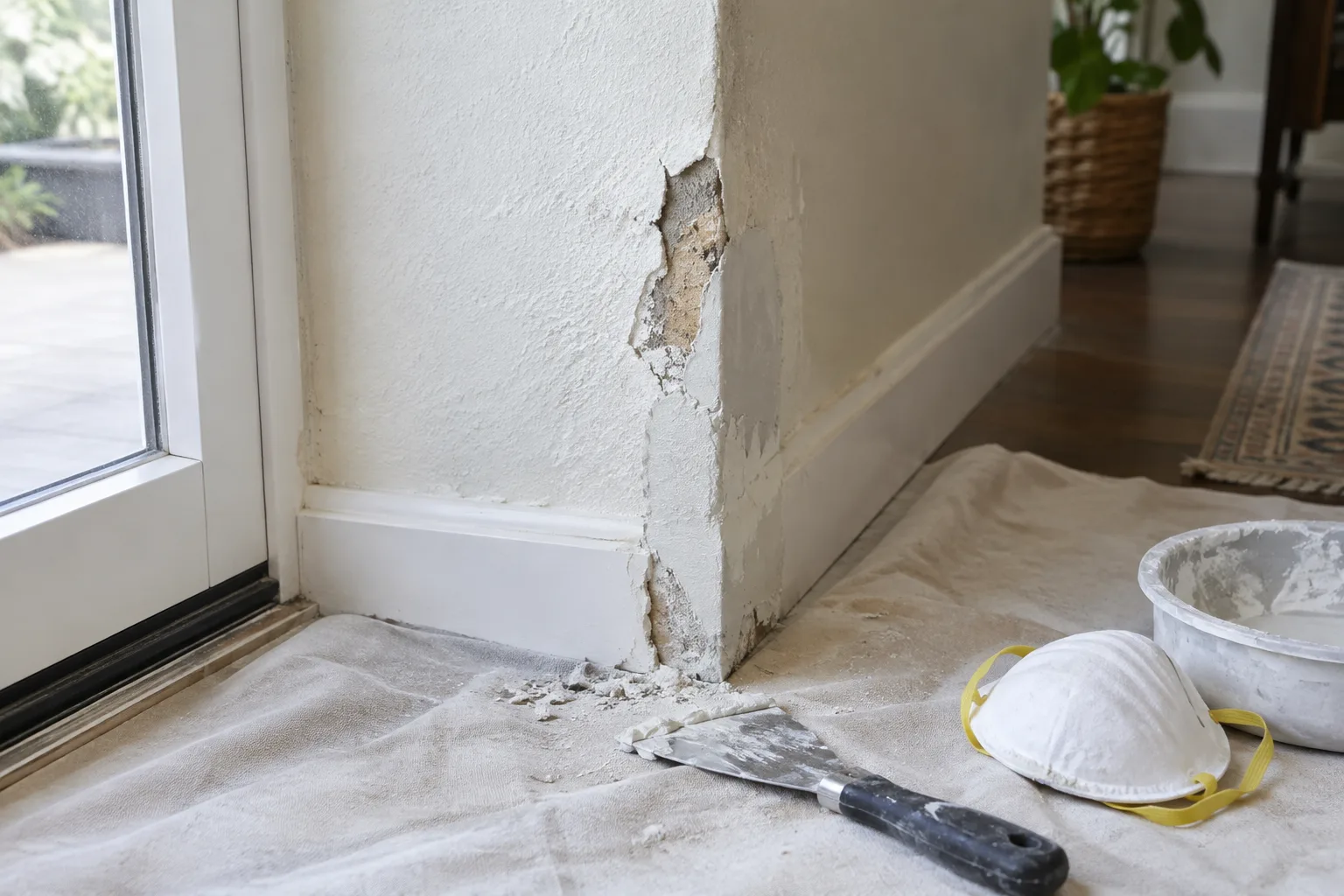 Un angle de mur écaillé avant sa réparation, avec un couteau à enduire à proximité.