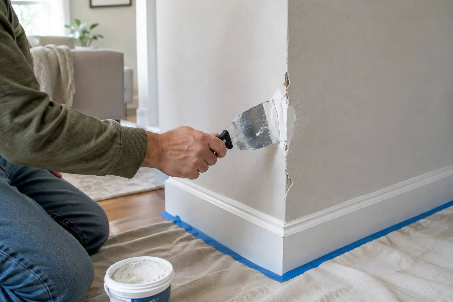 Un angle de mur intérieur ébréché en cours de réparation avec de l’enduit.