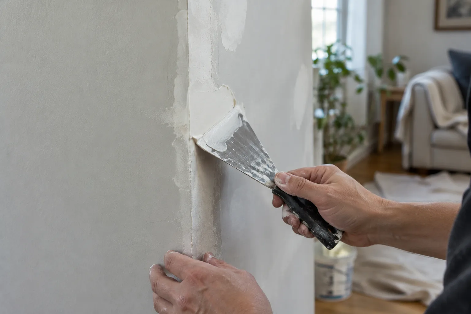 Une spatule lisse l’enduit appliqué sur un angle de mur intérieur ébréché.