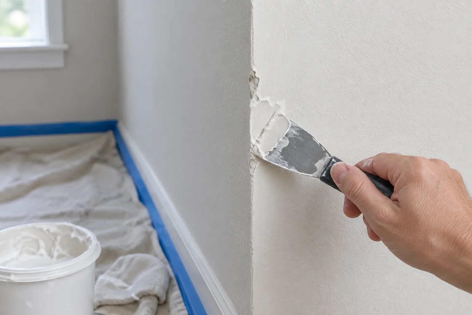 Une fine passe d’enduit est étalée à la spatule sur un angle de mur ébréché.