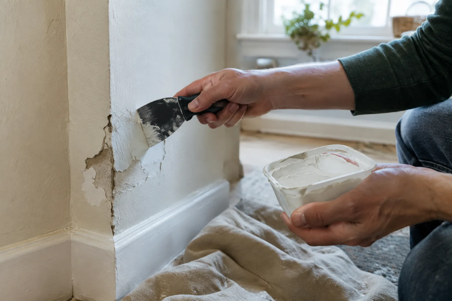 Une spatule applique de l’enduit sur un éclat au bord d’un angle de mur.