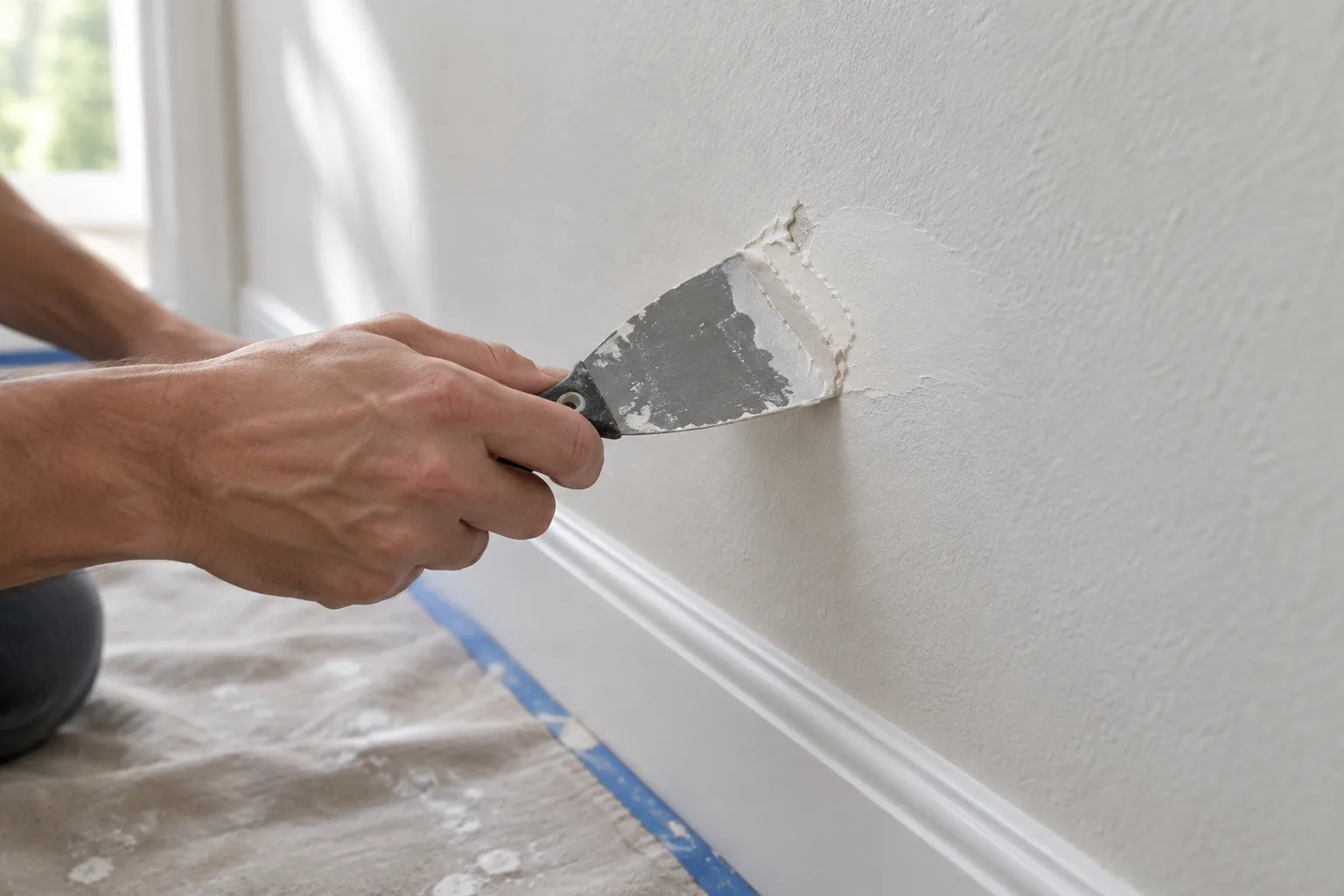 Une personne étale une fine couche d’enduit sur un éclat de peinture au mur.