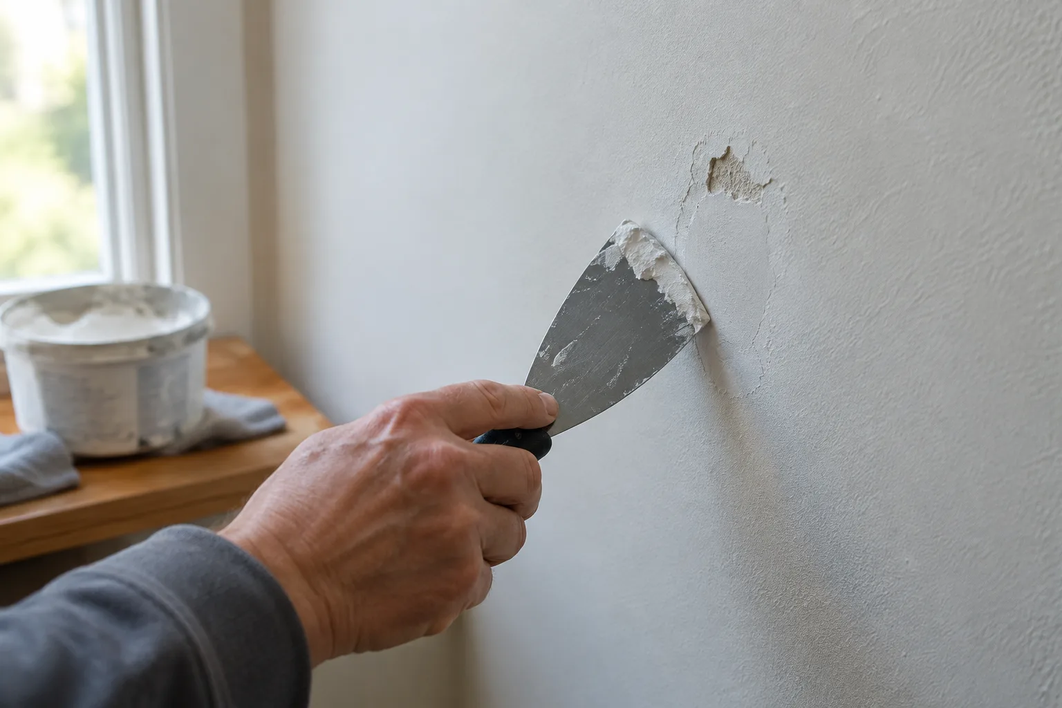 Une spatule et un enduit servent à réparer un éclat sur un mur intérieur.