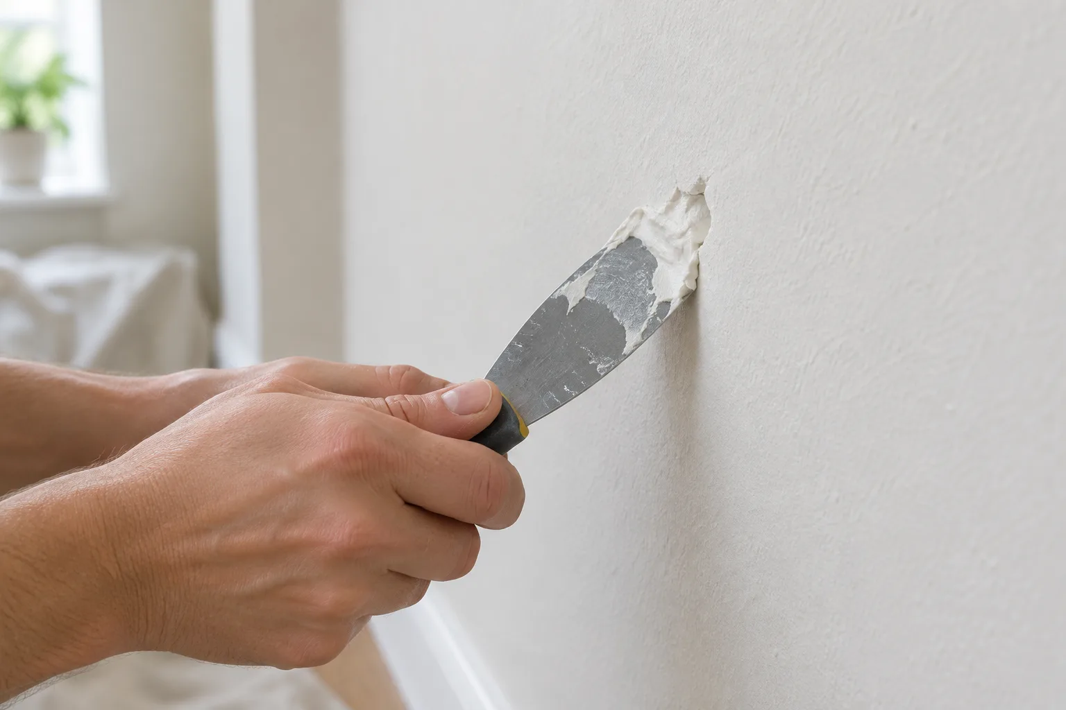 Une spatule dépose de l’enduit de rebouchage dans un petit trou propre sur un mur.
