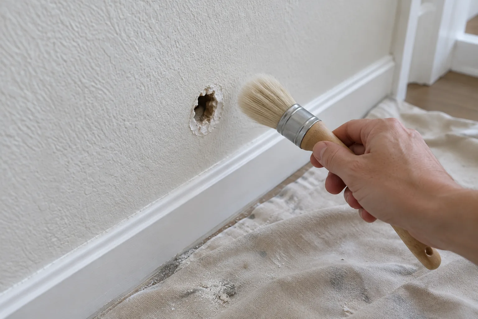 Un petit trou dans un mur est examiné au-dessus d’une protection posée au sol.