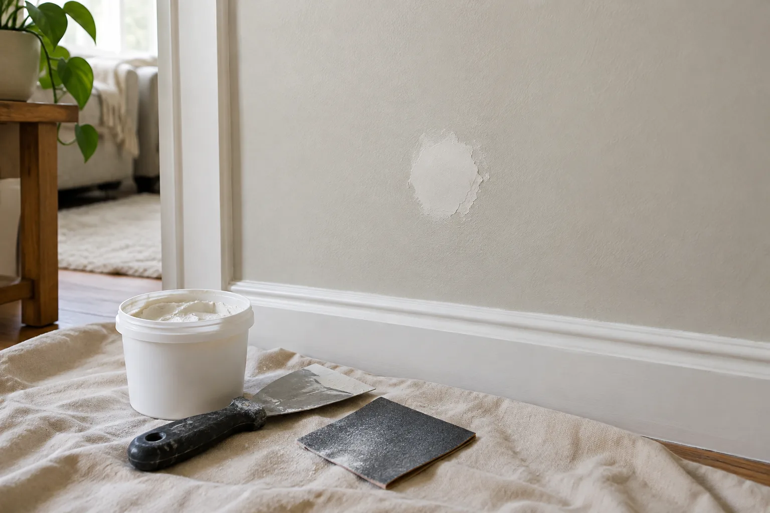 Petit trou rebouché dans un mur, avec une spatule et du matériel de préparation à proximité.