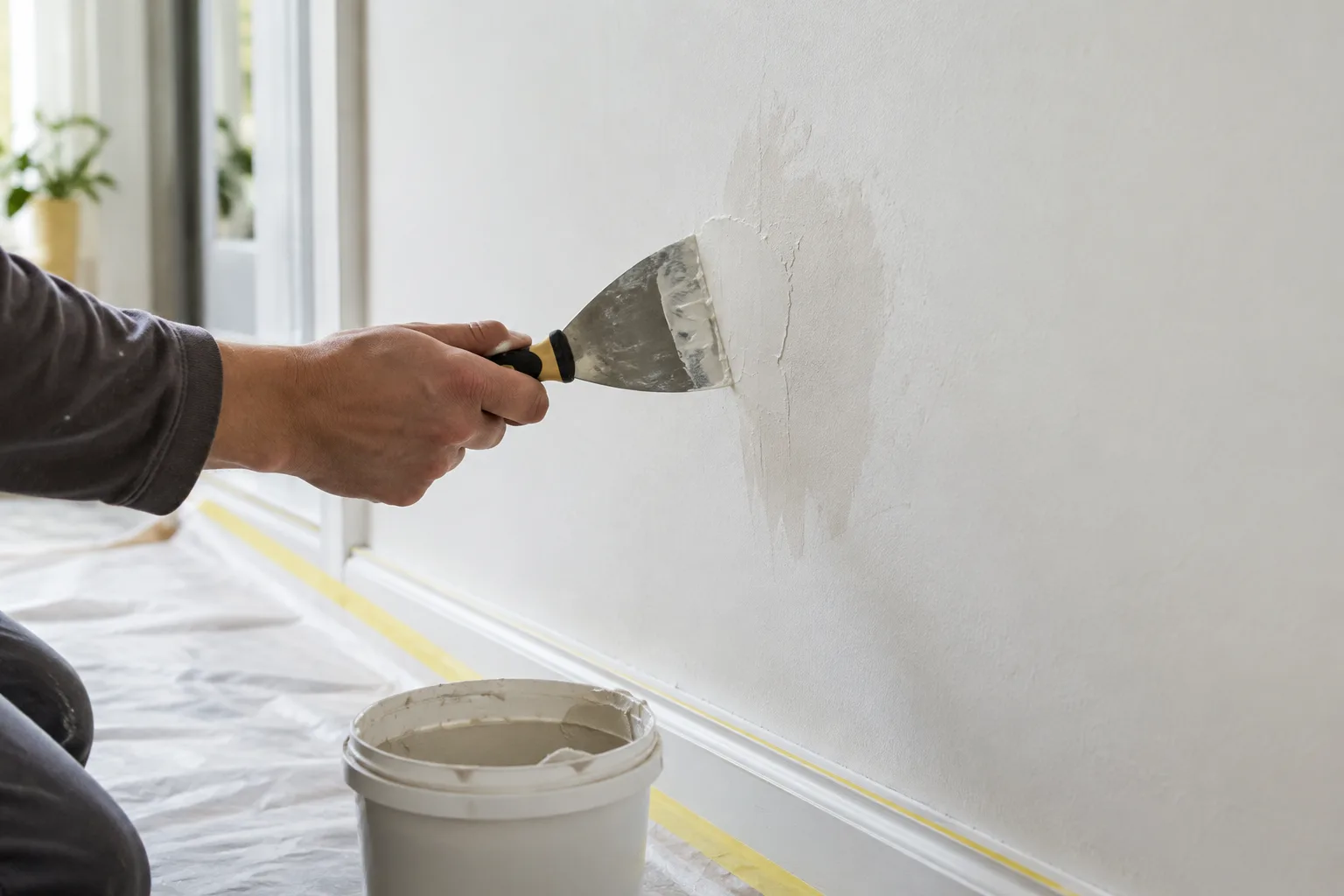 Une petite réparation de mur en cours, avec une spatule et de l’enduit de rebouchage.