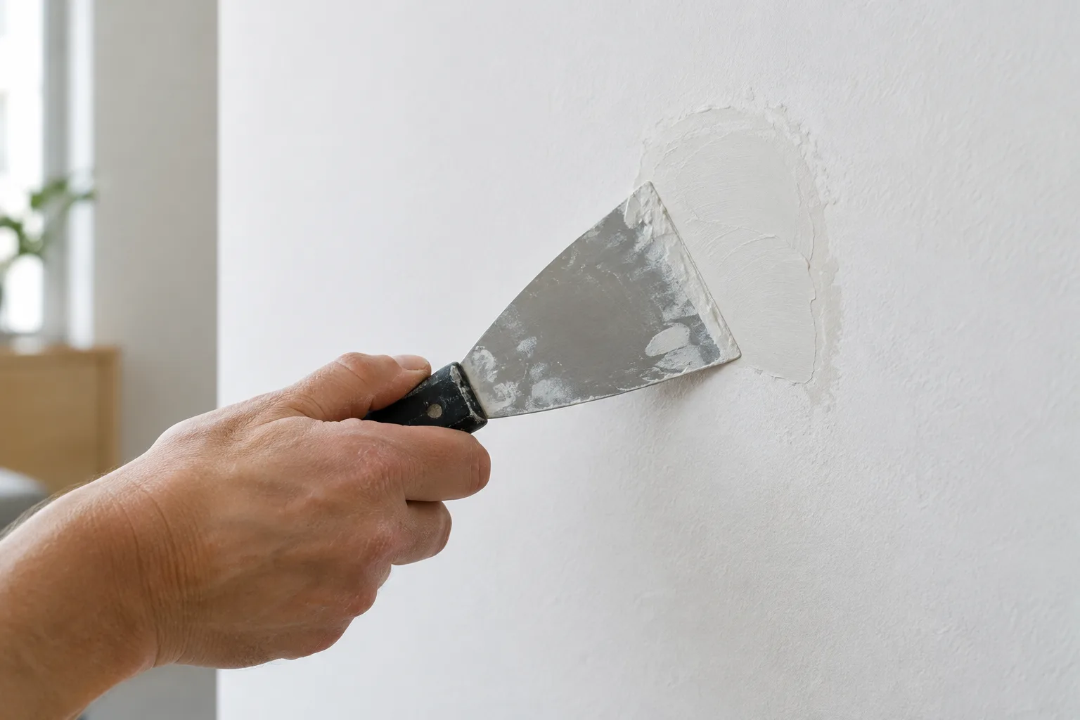 Une petite réparation murale est lissée à la spatule avant le séchage de l’enduit.