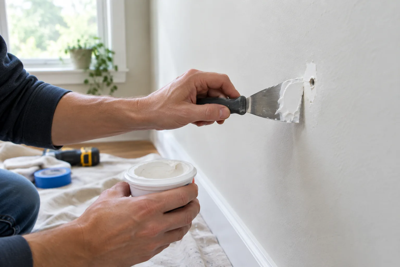 Une main applique de l’enduit dans un petit trou de cheville sur un mur intérieur.