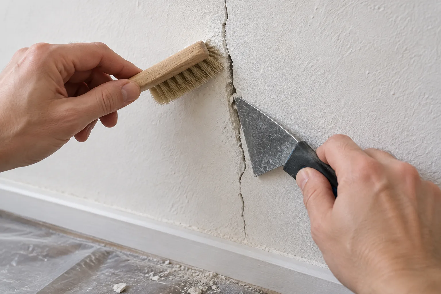 Une main retire délicatement les parties friables d’une fissure fine sur un mur intérieur.