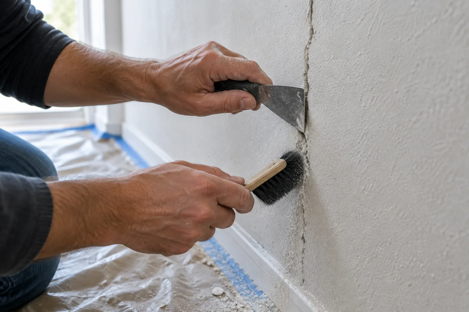 Un grattoir triangulaire retire les parties friables d’une fissure dans un mur.