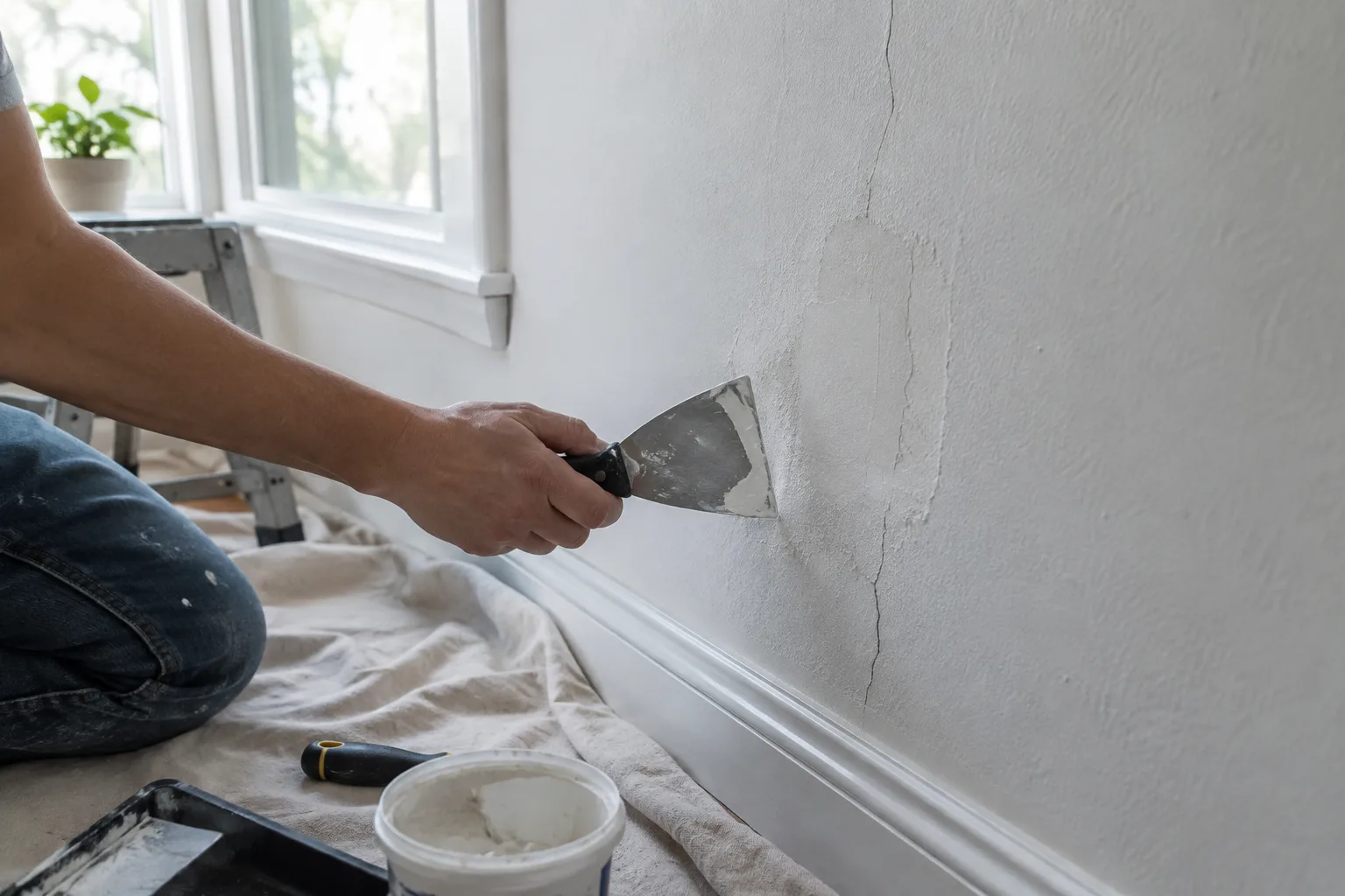 Gros plan sur une fissure fine préparée dans un mur intérieur avant l’application de l’enduit.