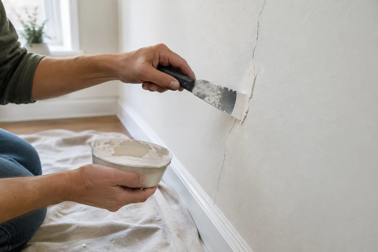 Une fissure fine est rebouchée au couteau à enduire sur un mur intérieur.