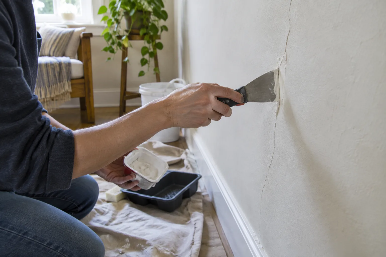 Une fissure fine est préparée sur un mur intérieur avec un grattoir et une bâche de protection.