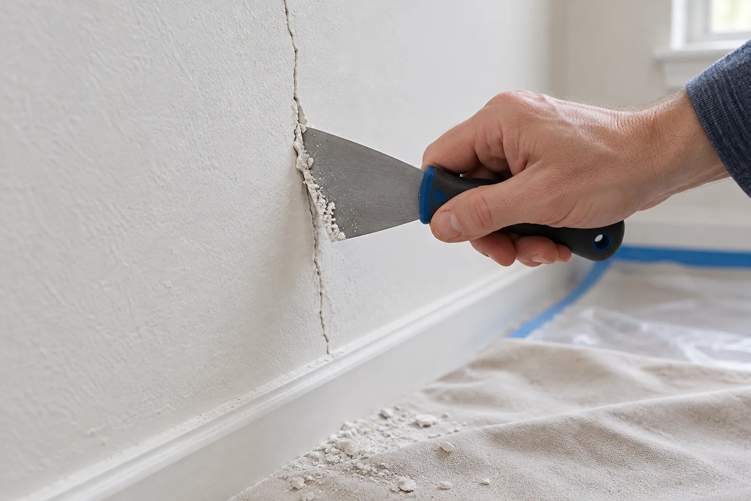 Un grattoir retire délicatement les bords friables d’une fissure dans un mur enduit.