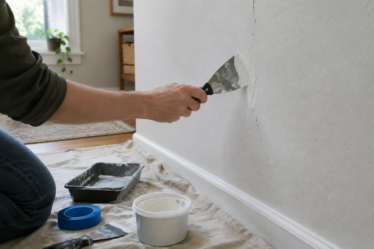 Une fissure fine repérée sur un mur intérieur avant sa réparation.