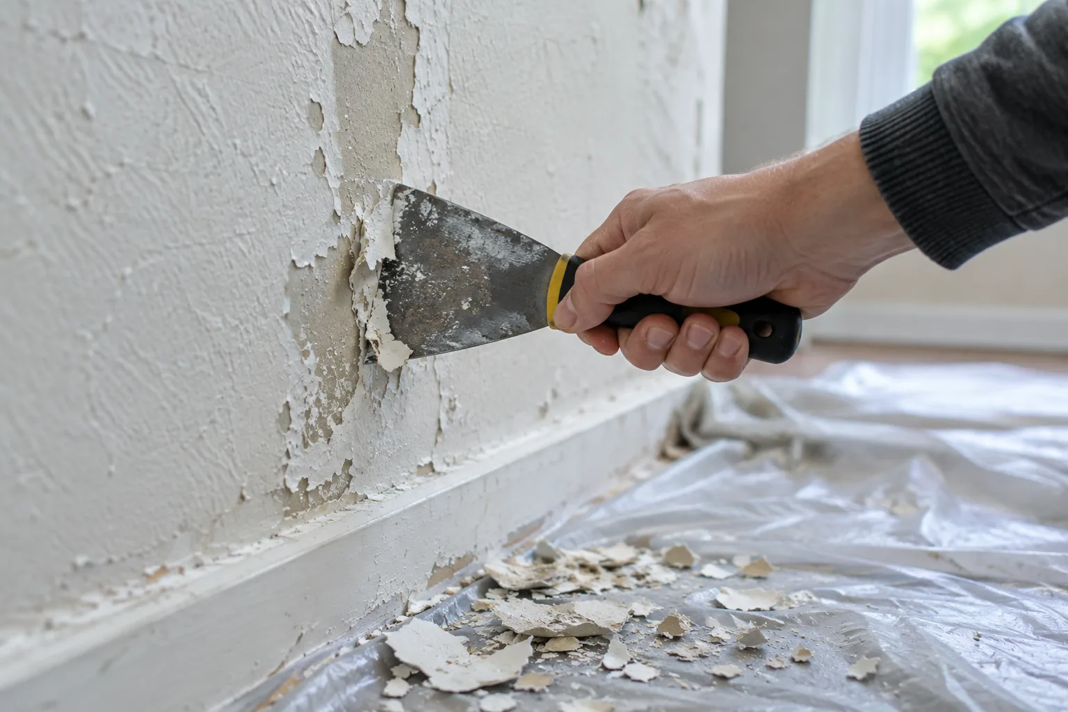 Une main retire les écailles de peinture d’un mur avec un grattoir, au-dessus d’une bâche de protection.