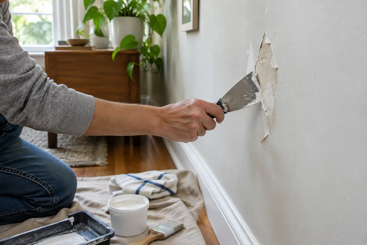 Peinture écaillée sur un mur intérieur en cours de préparation avant rénovation.