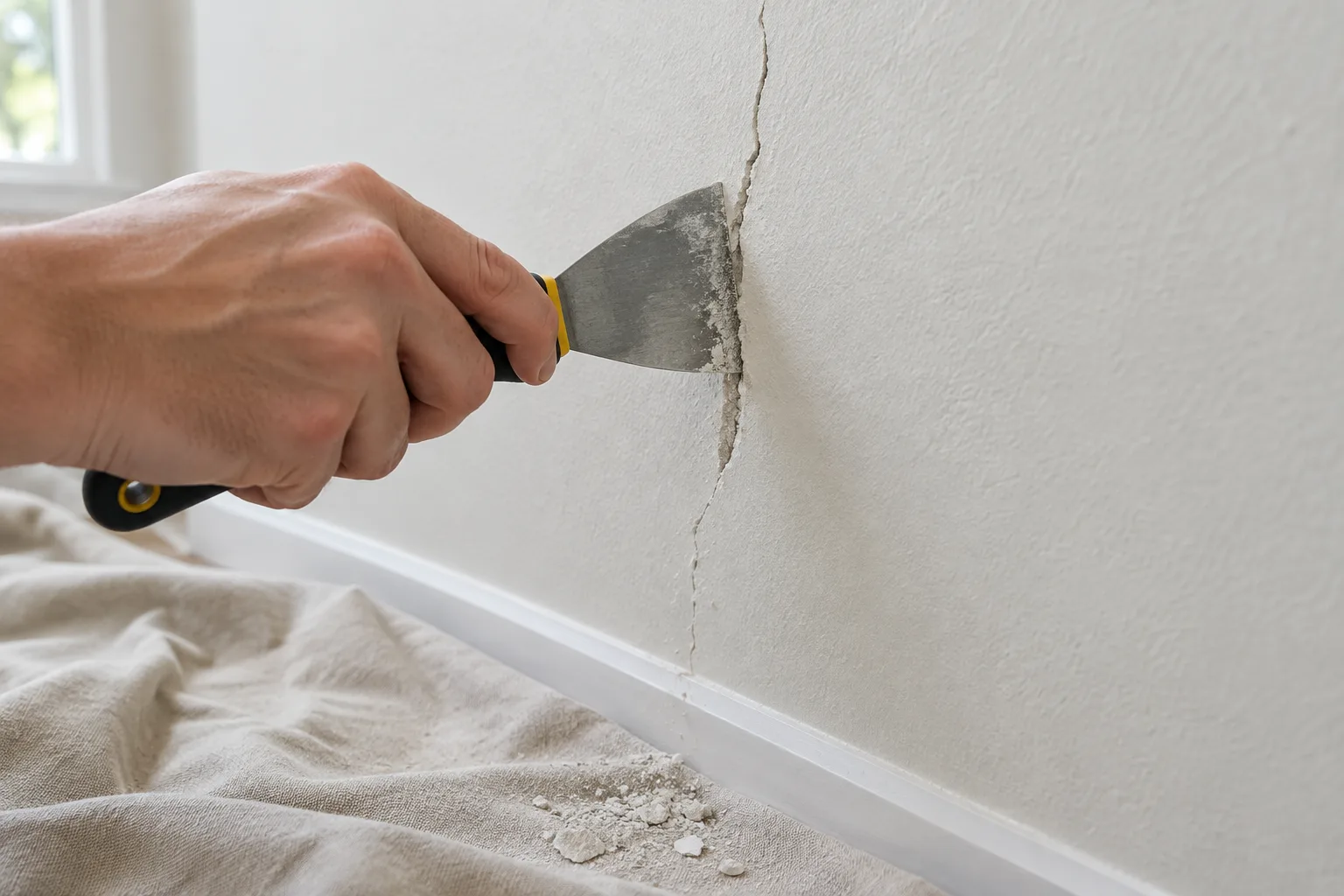 Un grattoir retire délicatement les parties friables d’une fissure fine sur un mur.