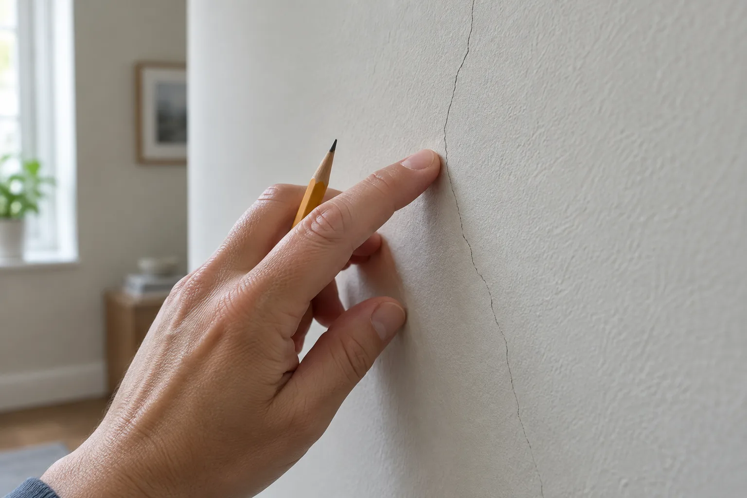 Une main examine une fissure fine sur un mur intérieur.