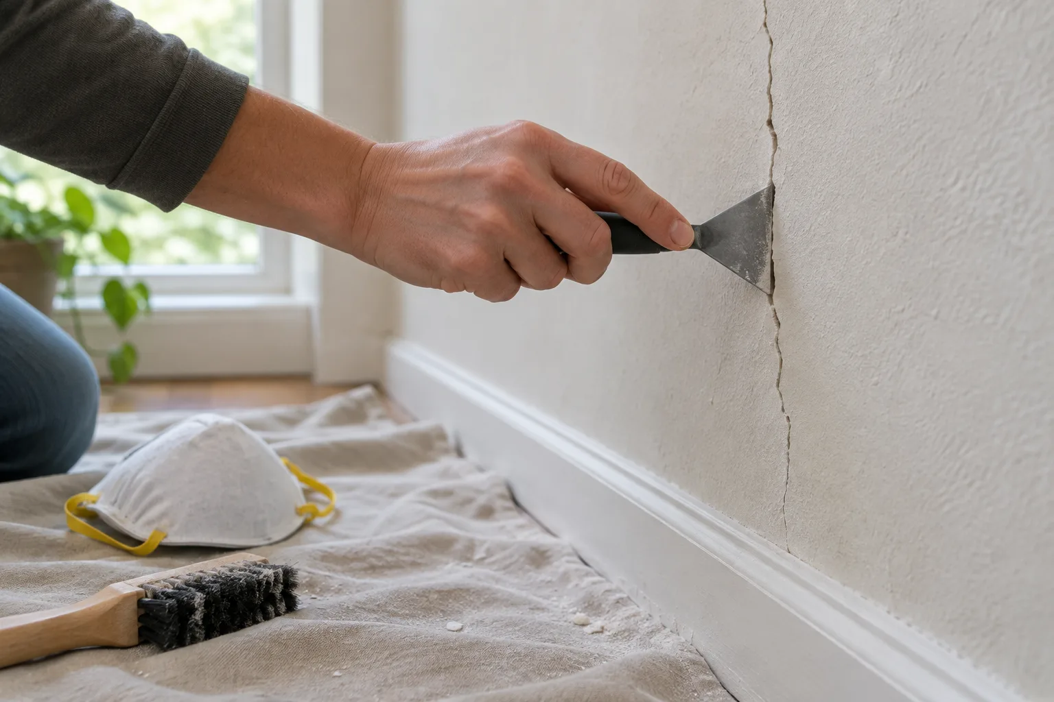 Un grattoir triangulaire ouvre légèrement une petite fissure dans un mur intérieur.
