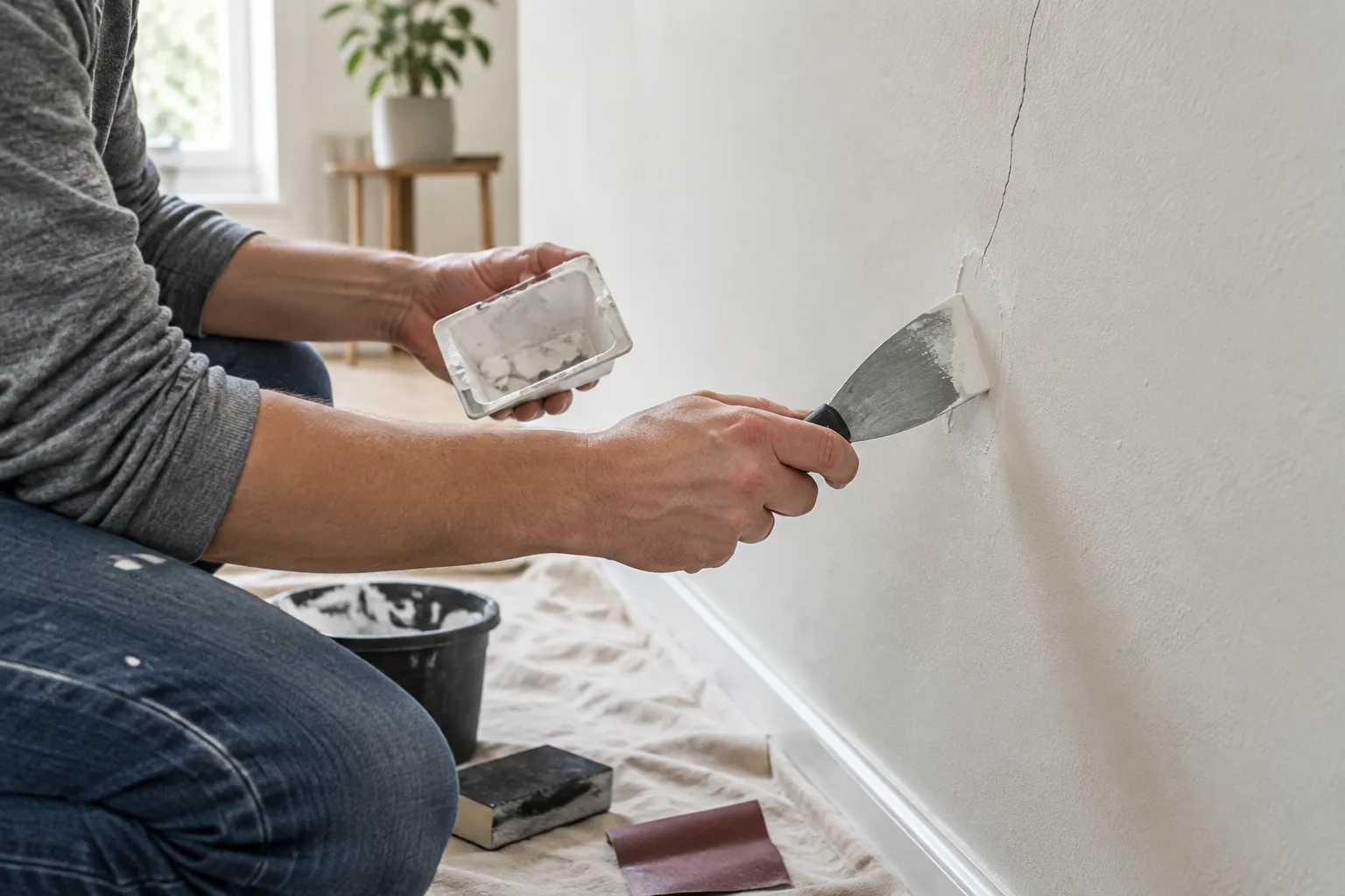 Une personne examine une fine fissure sur un mur intérieur avant de la réparer.