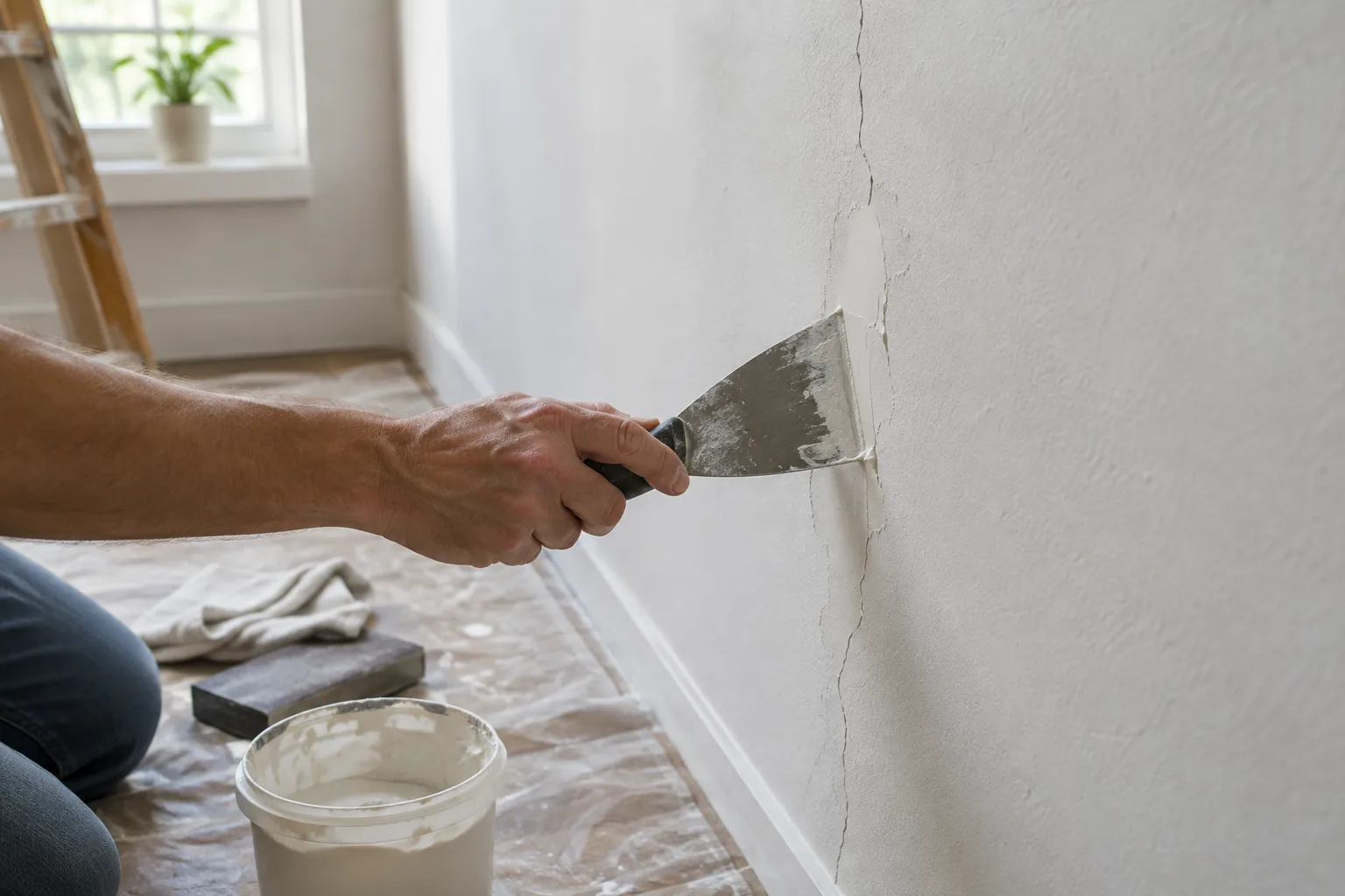 Une spatule lisse de l’enduit de rebouchage sur une fissure fine d’un mur intérieur.