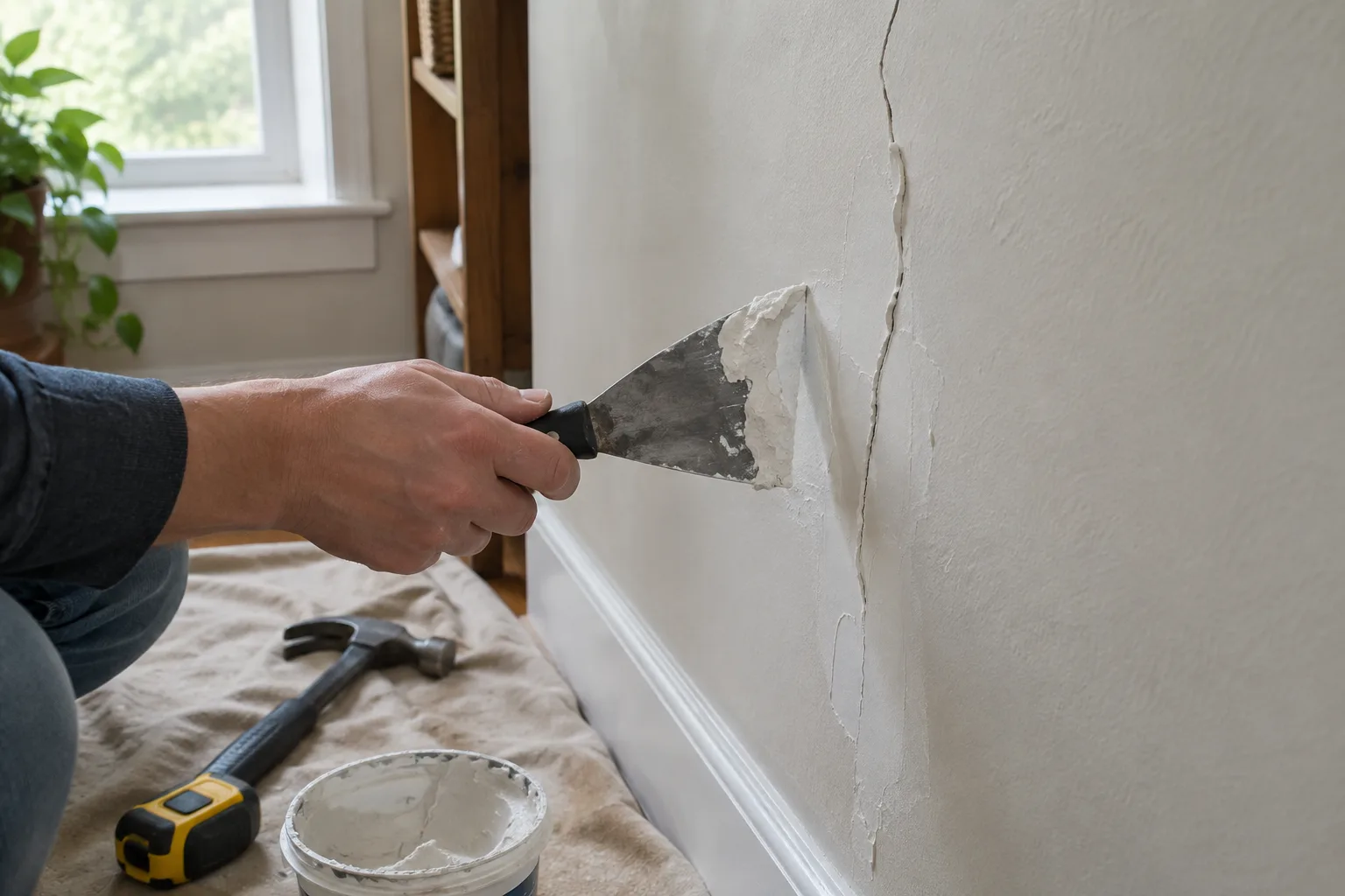 Une petite fissure préparée sur un mur intérieur à côté d’un couteau à enduire.