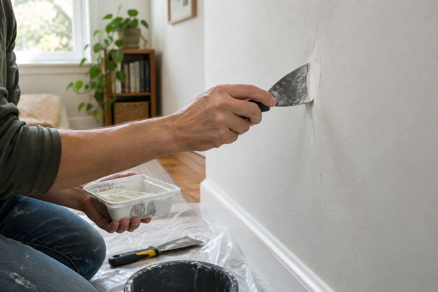 Une main examine une fine fissure sur un mur près d’une fenêtre.