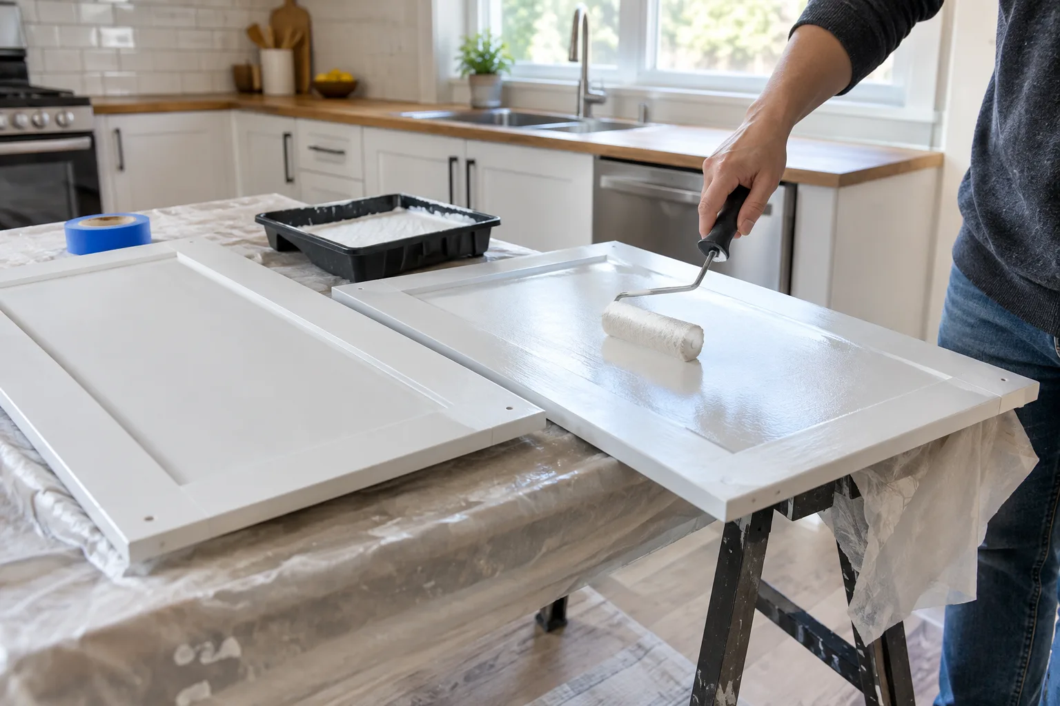Une façade de cuisine en mélaminé posée à plat pendant l’application d’une sous-couche au petit rouleau.