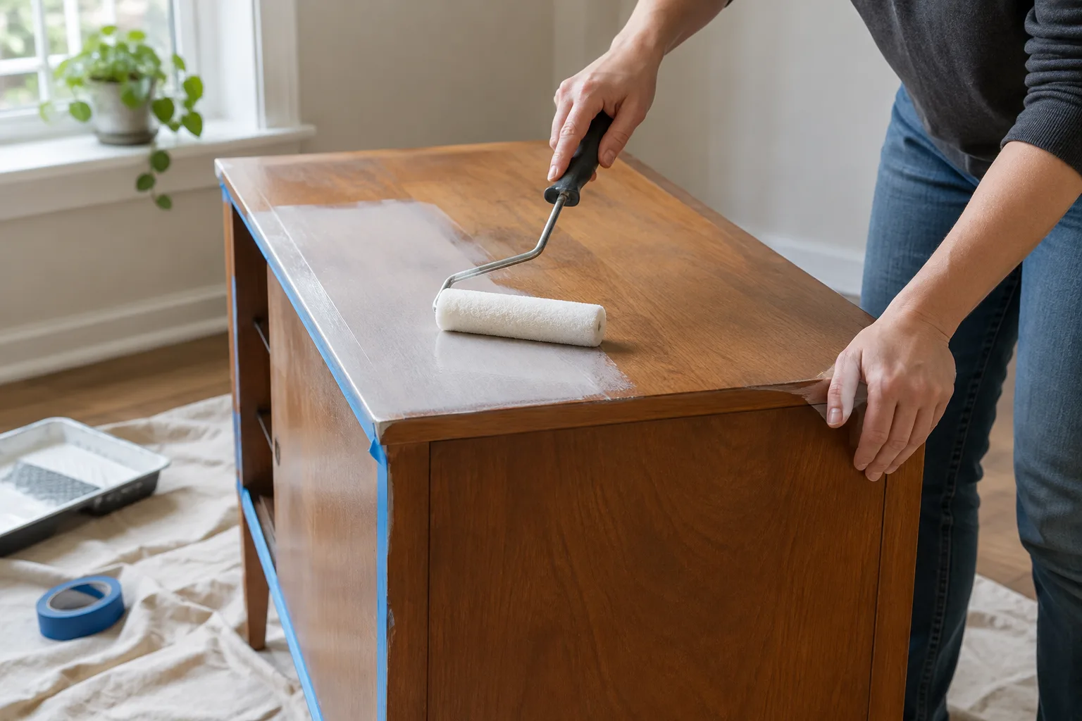 Application de peinture au petit rouleau sur la surface préparée d’un meuble en bois.