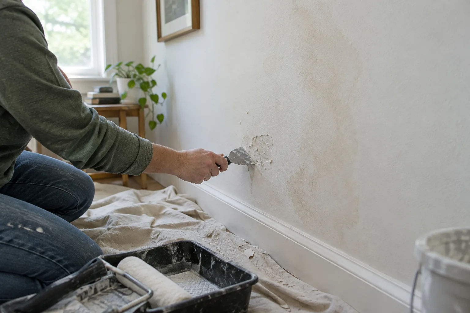 Mur intérieur présentant une ancienne auréole, avec une zone grattée et des outils de préparation posés sur une bâche.
