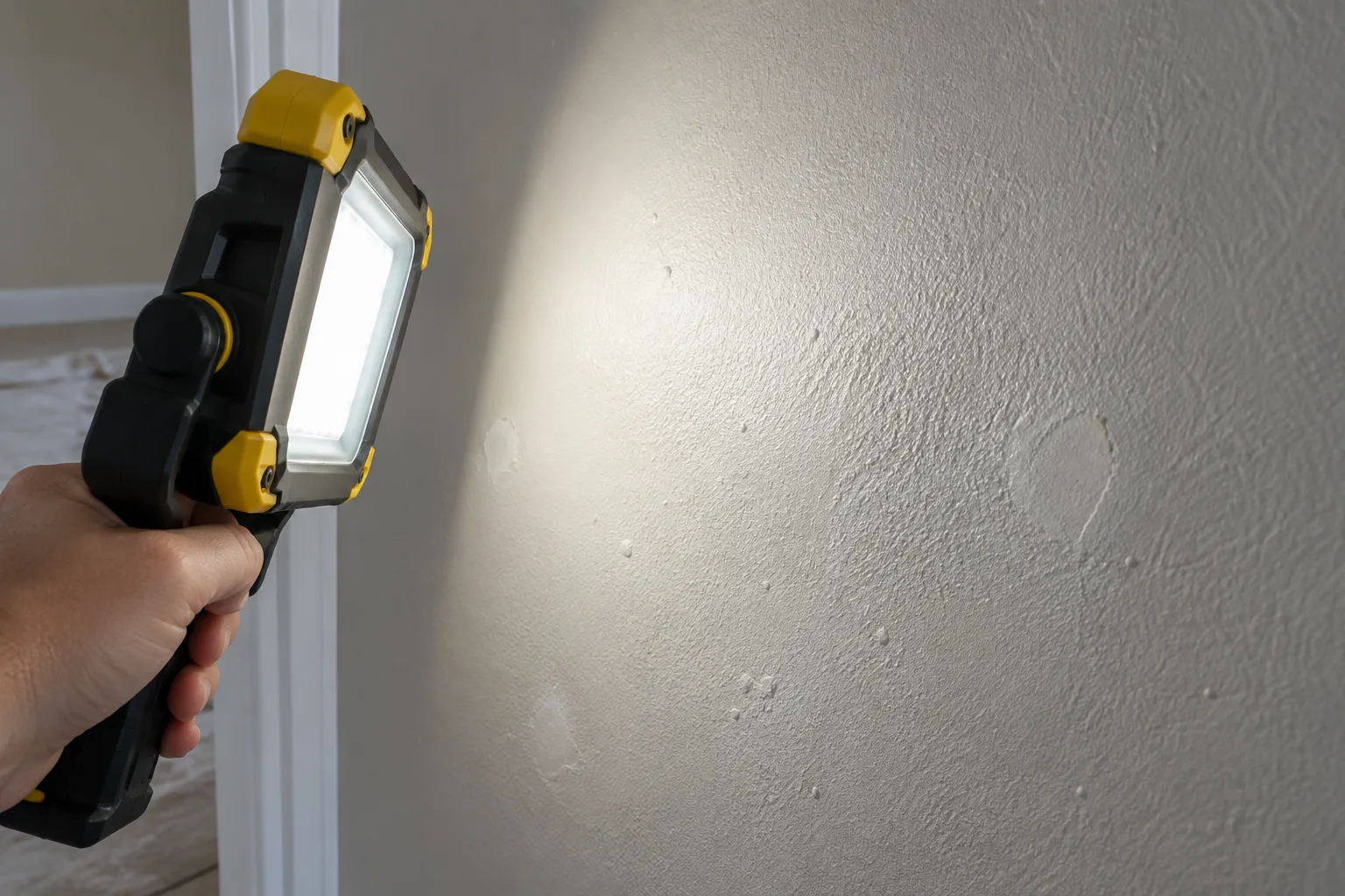 Une lampe tenue près d’un mur met en évidence ses petites irrégularités.