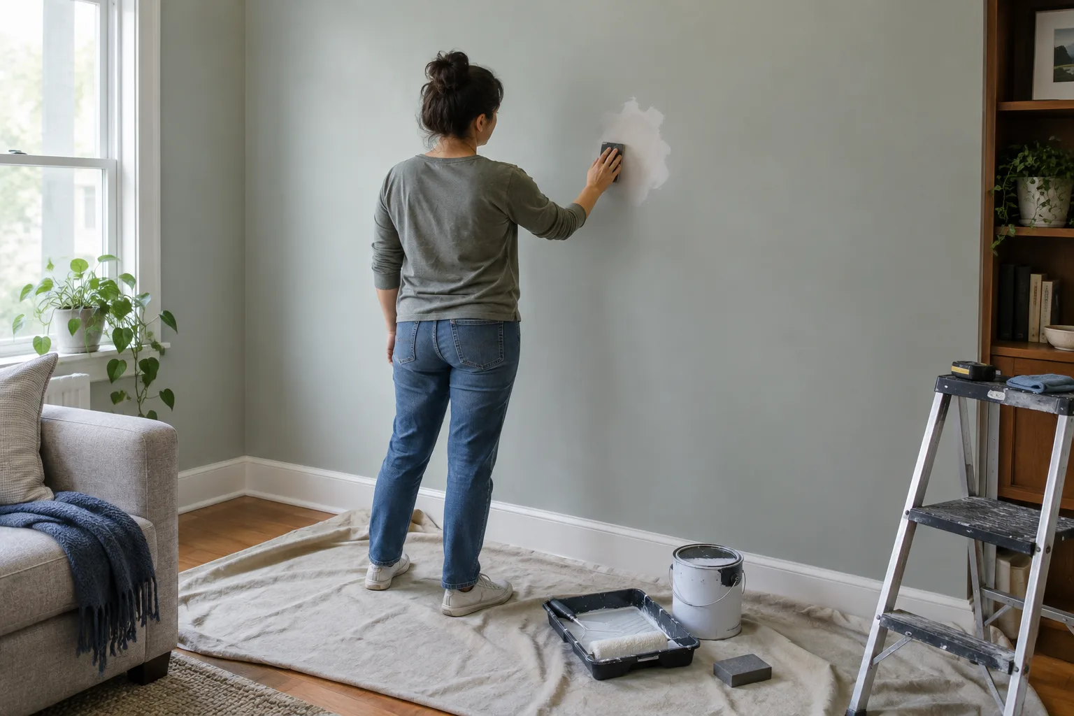 Une personne examine un mur peint à la lumière rasante avant de le préparer pour une nouvelle couche.
