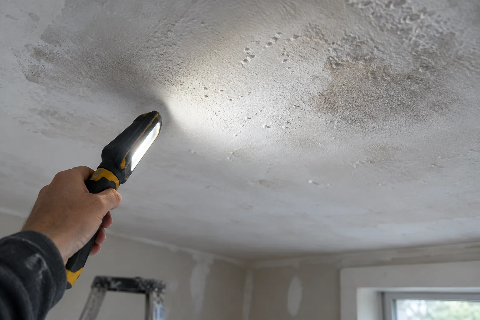 Une lampe tenue de biais révèle les irrégularités d’un plafond avant les travaux de peinture.