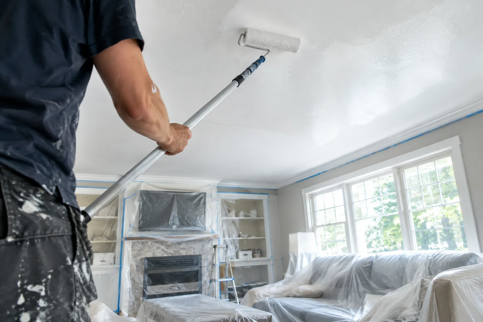 Un rouleau fixé à une perche applique de la peinture sur un plafond dans une pièce protégée.