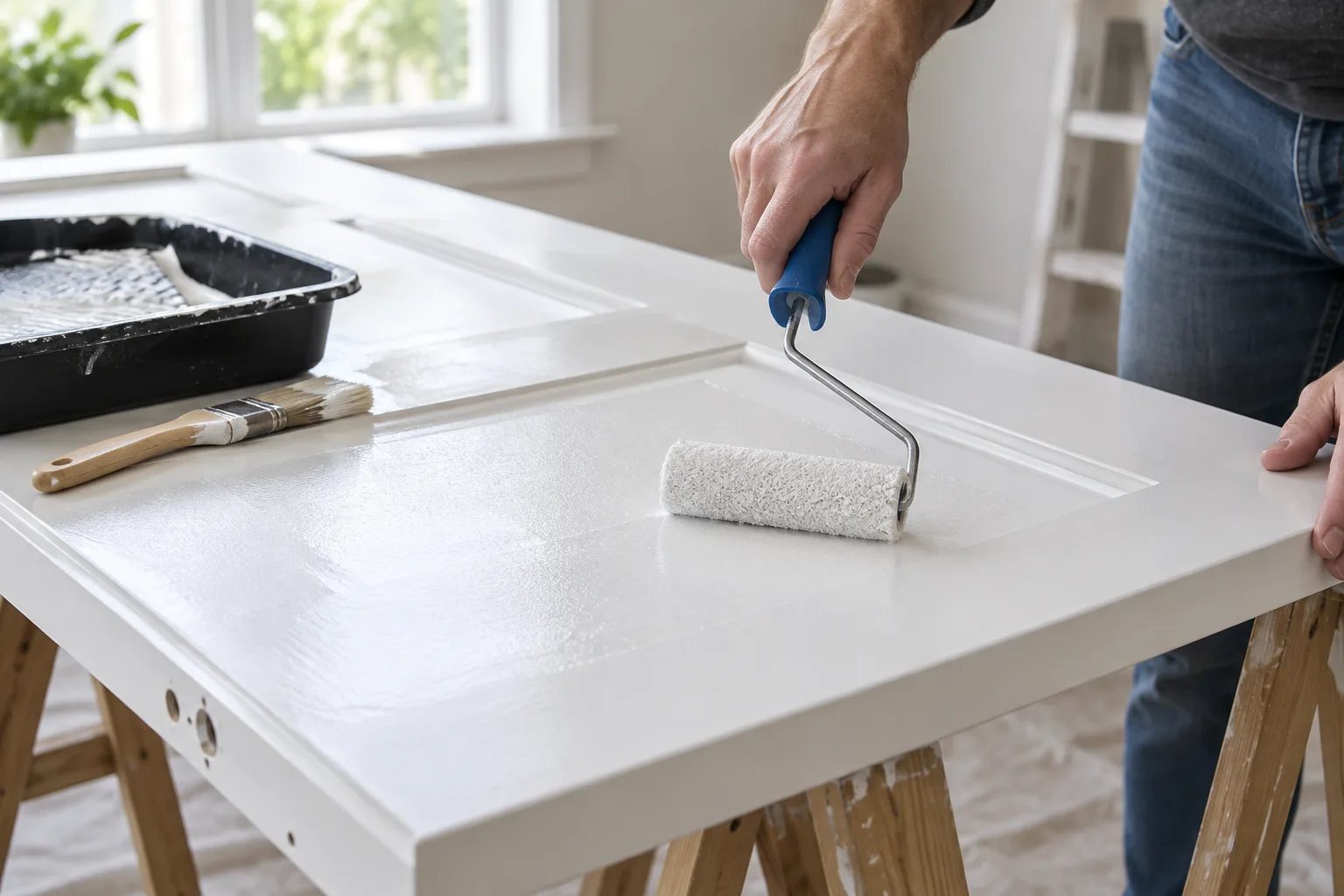 Un rouleau étale une couche de peinture sur une porte intérieure posée à plat.